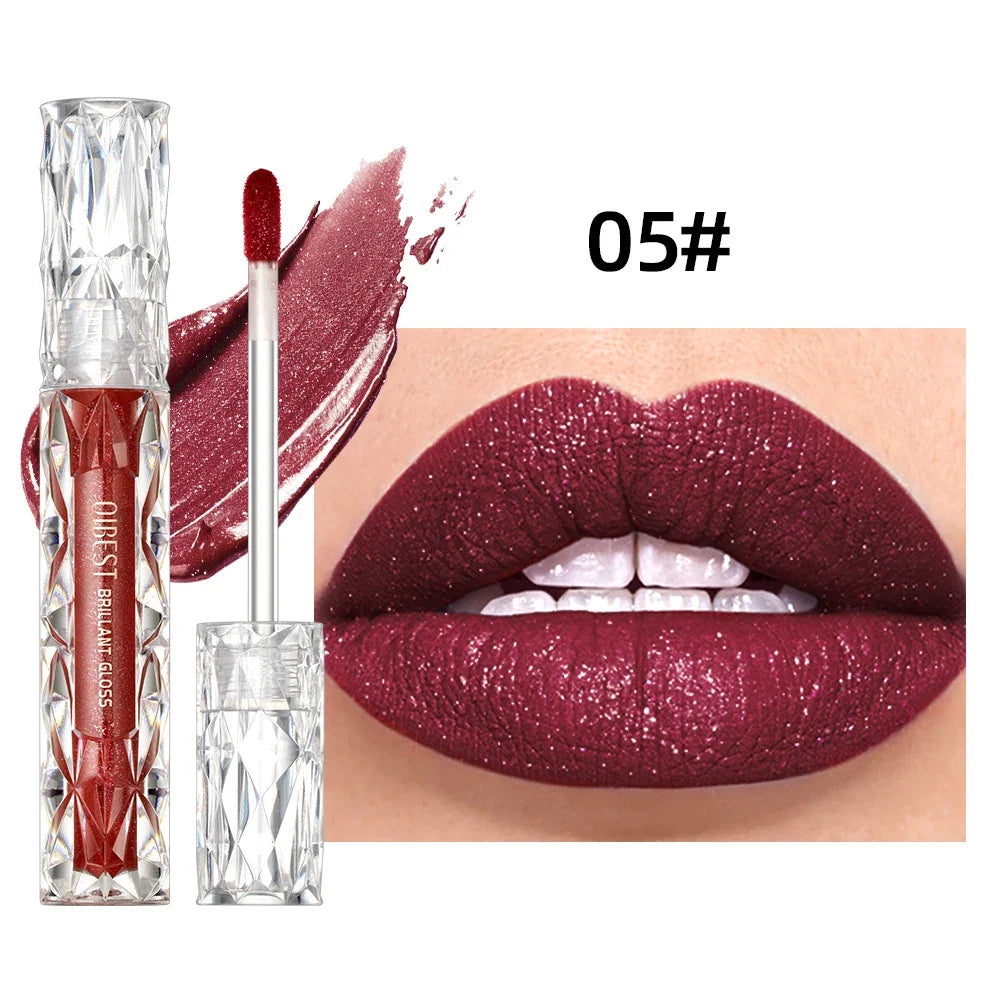 Blushimmer QIBEST matte and shiny glitter liquid lipstick in various colors, featuring a glossy, waterproof, long-lasting lip gloss finish.