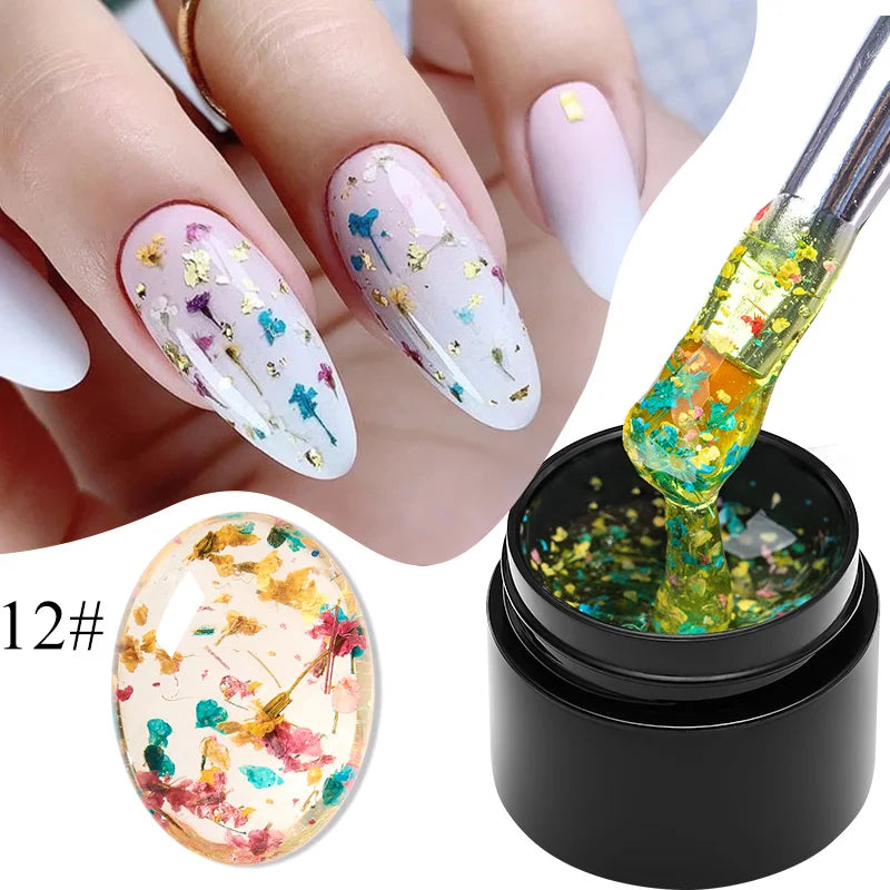 Blushimmer Meet Across 5ml pink dried flower gel nail polish with natural flower design, for UV LED nail art and soak-off gel nails.