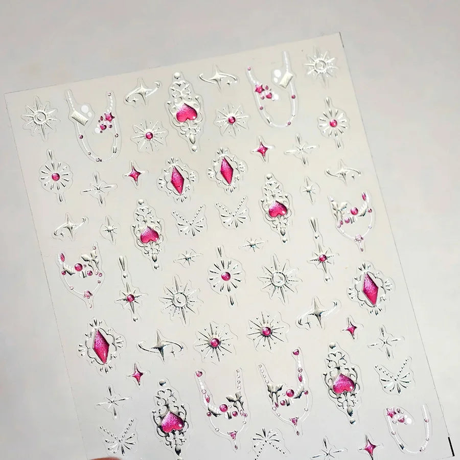 Colorful Cat's Eye 5D gradient European love heart gem nail art stickers with geometric crystal decals for manicure decoration.