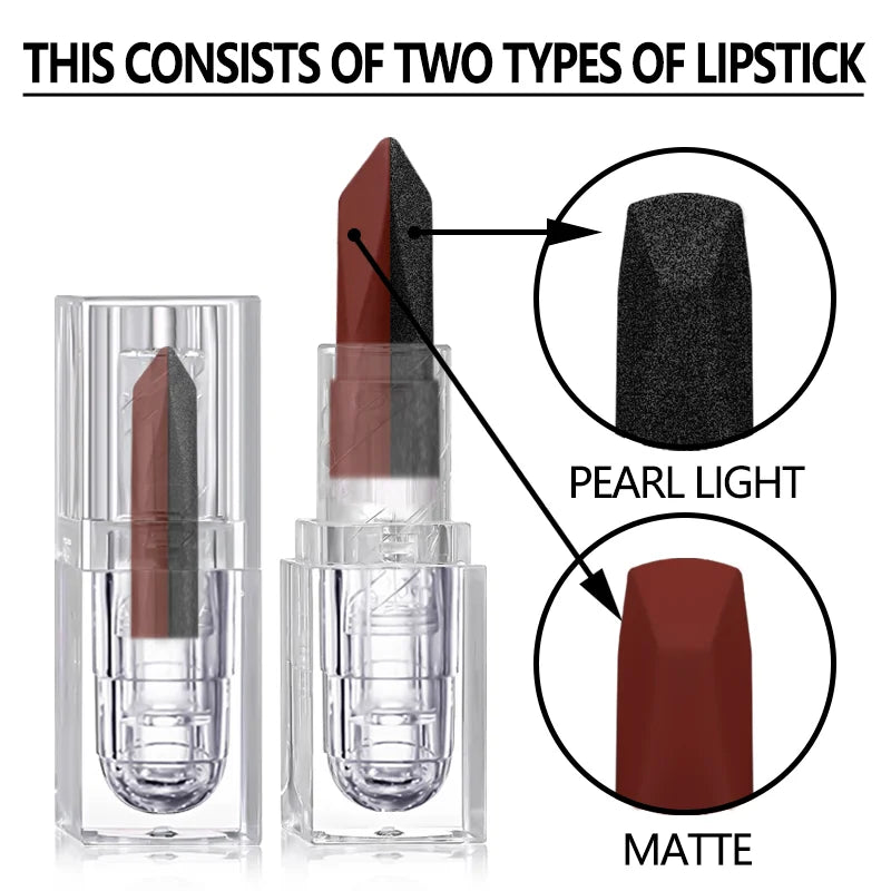 Blushimmer waterproof long-lasting matte lipstick with pearlescent finish and sexy red lips, showing a close-up of the lip tint on lips.
