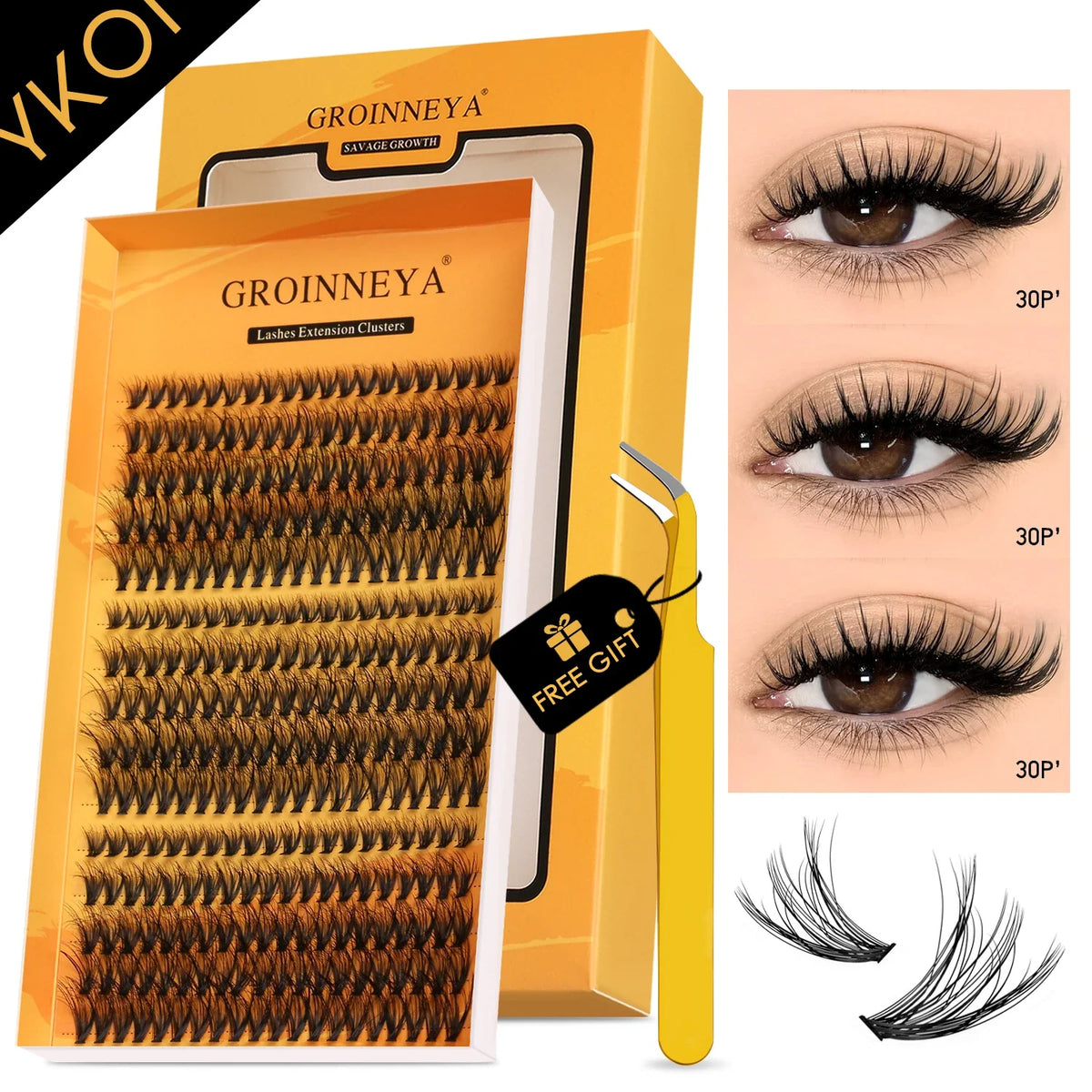 Blushimmer GROINNEYA Lashes Clusters cat eye wispy individual eyelash extensions with fluffy volume for DIY makeup application.