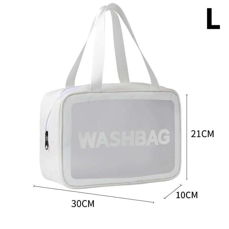 Transparent waterproof travel wash bag by Blushimmer with large capacity cosmetic organizer and makeup storage for women.