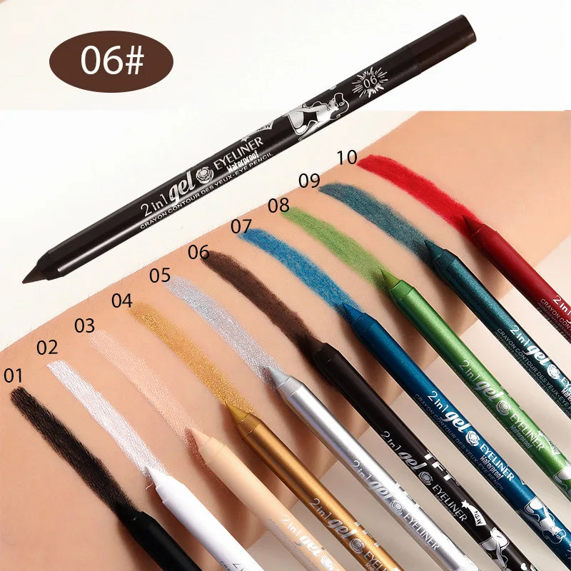 Blushimmer waterproof gel eye liner pencil in vibrant blue, black, and white colors for long-lasting, colorful eye makeup.