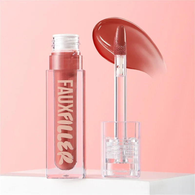 Huda Beauty Blush Filter Soft Glow Liquid Blush with shiny lip gloss and lipstick in cotton candy and bubblegum shades, cosmetics product