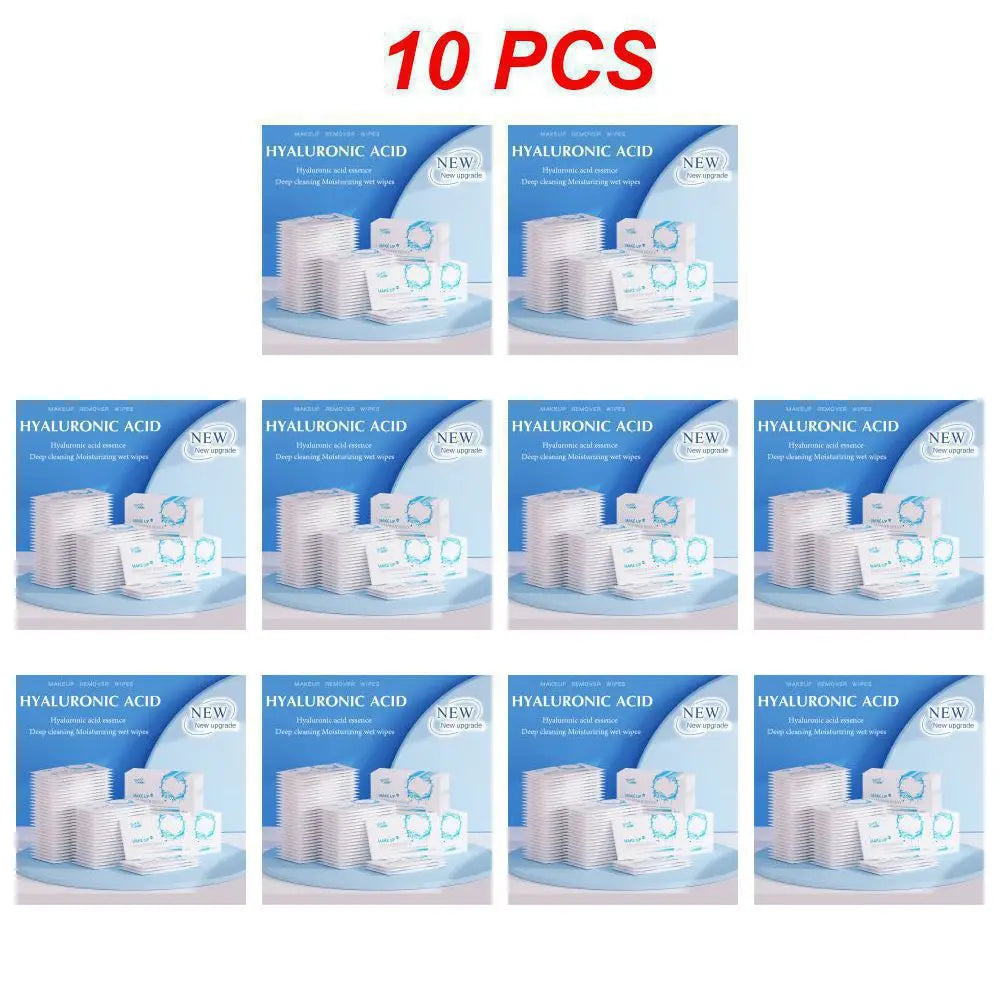 Set of 1, 5, or 10 Blushimmer hyaluronic acid makeup remover wet wipes for gentle eye, lip, and face makeup removal.