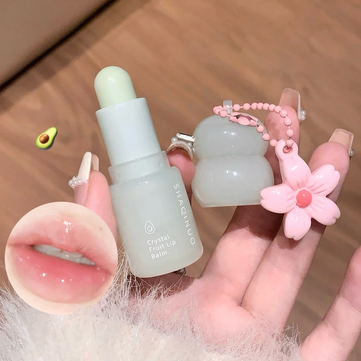 Blushimmer crystal strawberry lip balm stick with key chain, moisturizing and hydrating lips mask with color-changing, reduces lip lines.