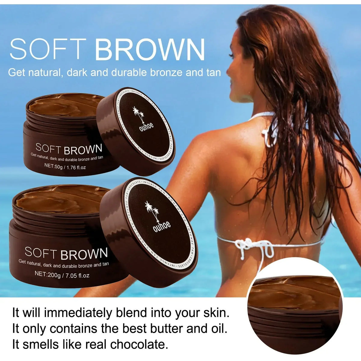 Blushimmer soft brown self-tanning cream with bronze tone, perfect for a natural long-lasting summer tan on the body.