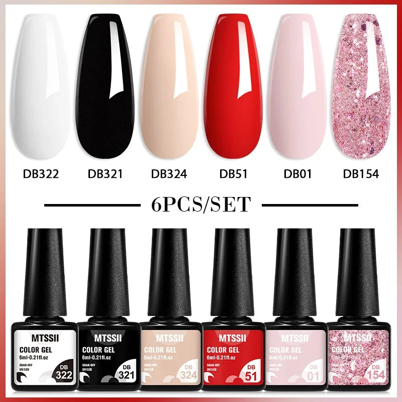Blushimmer MTSSII 6-piece set of shiny red gel nail polishes with sparkly finish for professional manicure and nail art.