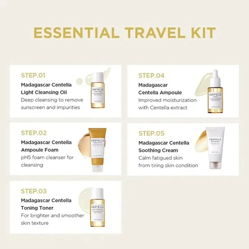 SKIN1004 Madagascar Centella travel skincare kit including toner, ampoule, soothing cream, cleansing oil, and foam in mini sizes
