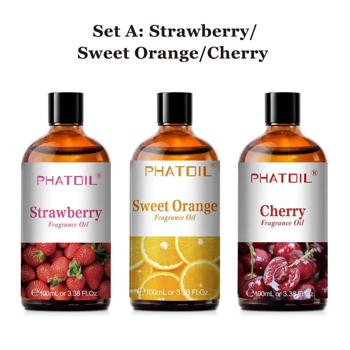 Blushimmer PHATOIL aromatherapy fragrance oil set with coconut, vanilla, strawberry, cherry, and lemon scents in 100ml bottles for diffusers