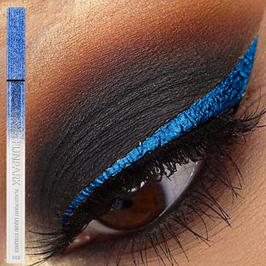 Blue shimmer waterproof eyeliner pen by Blushimmer with high-shine liquid formula, ideal for easy, smudge-proof eye makeup.