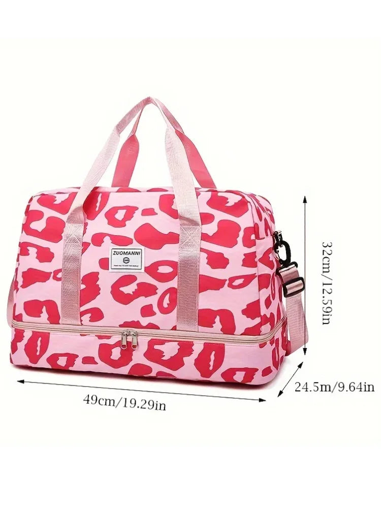 Pink women's carry-on travel bag by OBA, gym duffel style with handles and zipper closure, suitable for short trips and gym use.