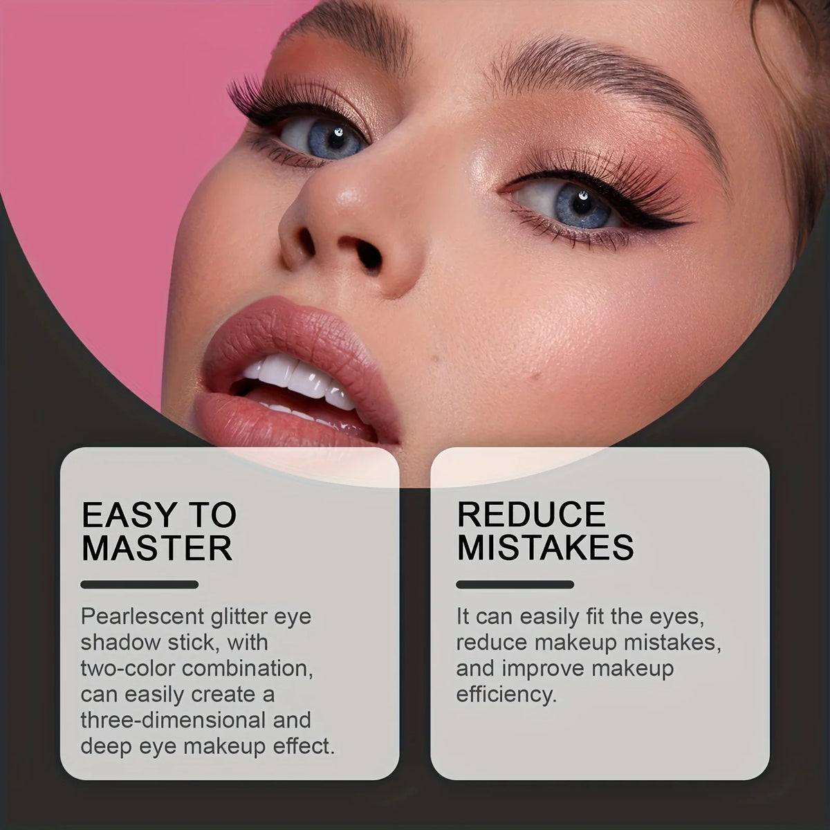Blushimmer eye makeup assistant with two eyeshadow brushes and molds for quick, precise eyeshadow application.