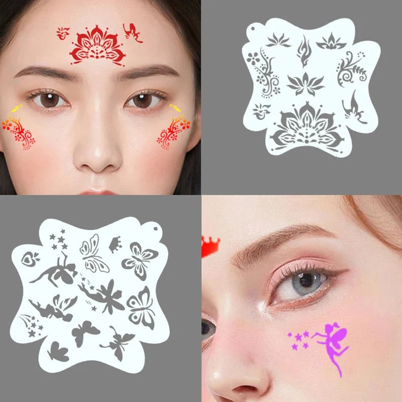 Reusable plastic stencils for body painting and face art, featuring various designs for temporary tattoos by Blushimmer.