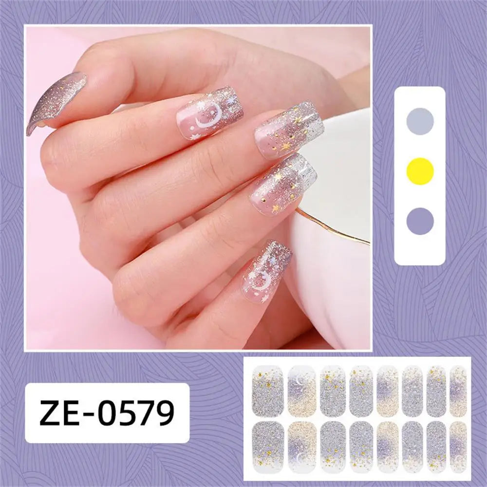 Gradient cat eye style nail art stickers by Blushimmer, 16 self-adhesive waterproof glitter false nail decals shown on a sheet.