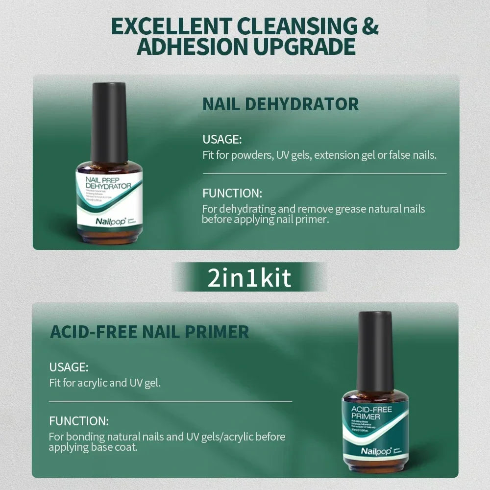 Blushimmer Nailpop Nail Dehydrator and Primer set with acid-free natural nail prep for acrylic and UV gel nails.