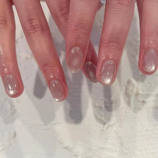 Set of 24 Blushimmer square head fake nails with pink-white gradient French press design and jelly glue, short full cover false nail tips.