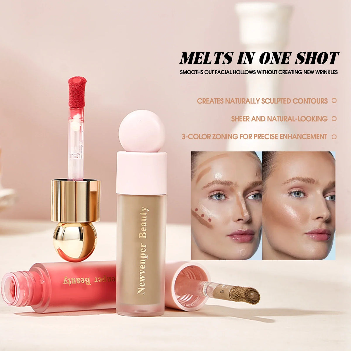 Blushimmer liquid highlighter, blush, and contour stick set for face and body with a silky, natural glow and matte pink shadow.