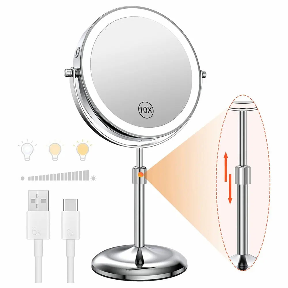 Blushimmer 8-inch makeup mirror with light, 10x magnification, adjustable brightness, three color lights, and height stand.