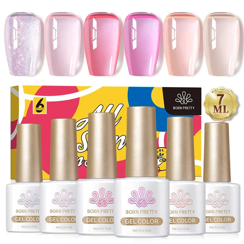 Six bottles of BORN PRETTY Crystal Amber Gel Nail Polish set in jelly pink and nude shades for semi-permanent UV and LED manicure.