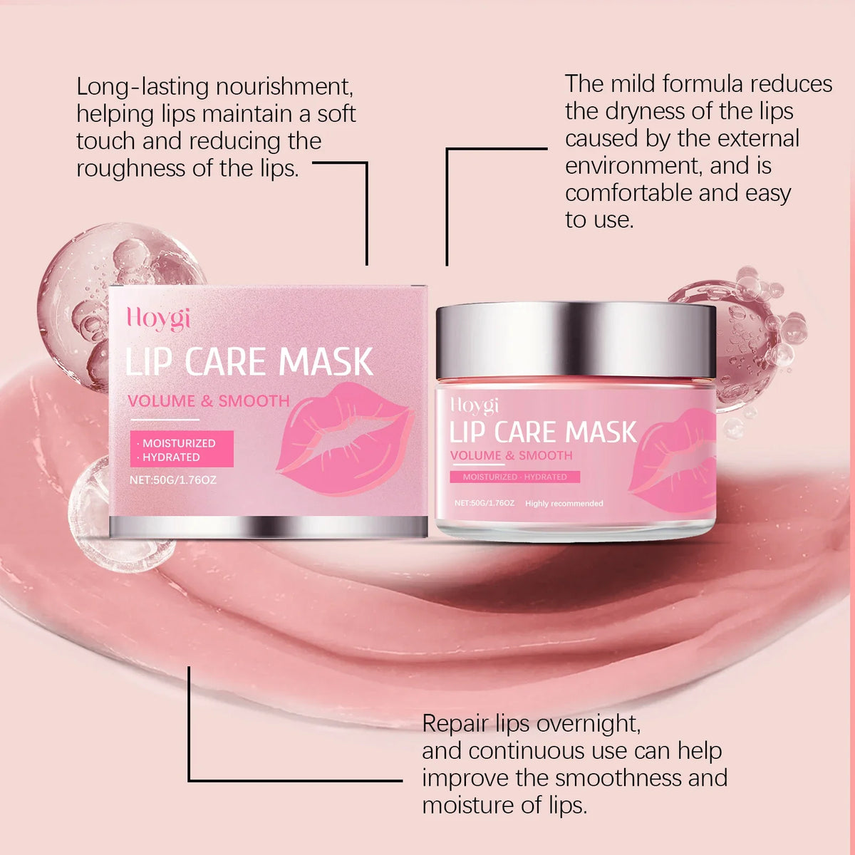 Blushimmer HOYGI Sleep Lip Mask showing a jar of deep hydrating, moisturizing lip care with exfoliating ingredients for smooth lips.