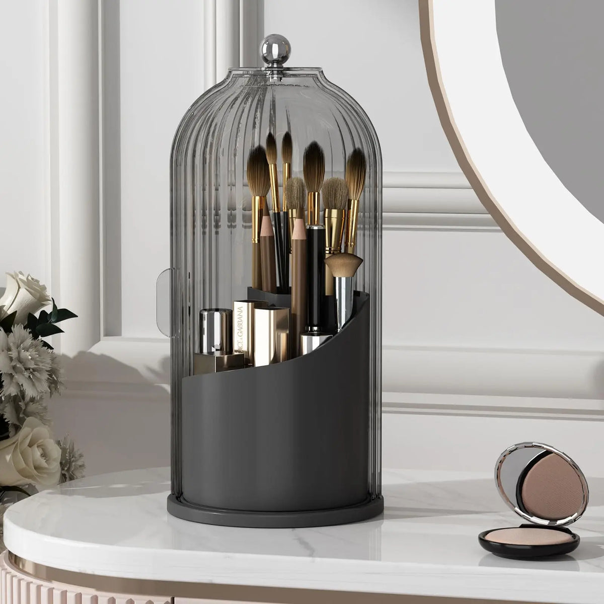 Blushimmer YOOLENS makeup brush holder organizer with lid, clear rotating dustproof storage for vanity or bathroom.