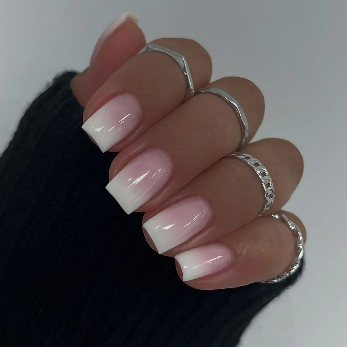 Set of 24 pink and white gradient square head fake nail tips with jelly glue, short full cover French press false nails by Blushimmer