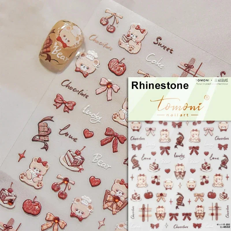 Colorful Cat's Eye 5D Gradient European love heart gem nail art stickers with wing and geometric designs for manicure decor.