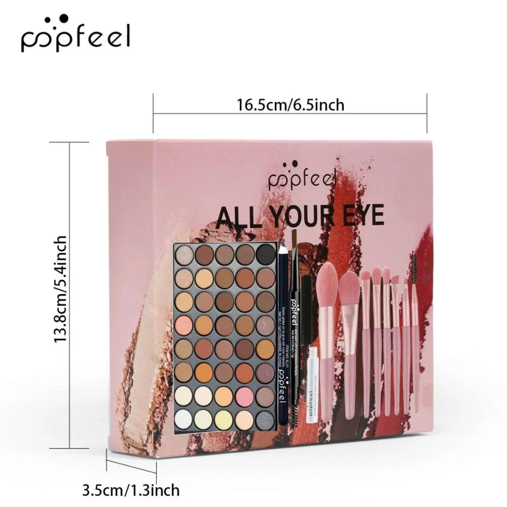 Blushimmer POPFEEL eye makeup set with 40-color eyeshadow palette, eyebrow pencil, eyeliner pen, mascara, and makeup brushes.