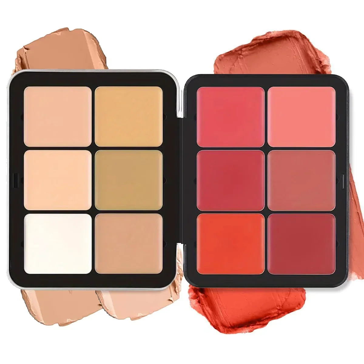 Blushimmer 12-color concealer, blush, and contour makeup palette with matte highlight shades for all-in-one face makeup application.