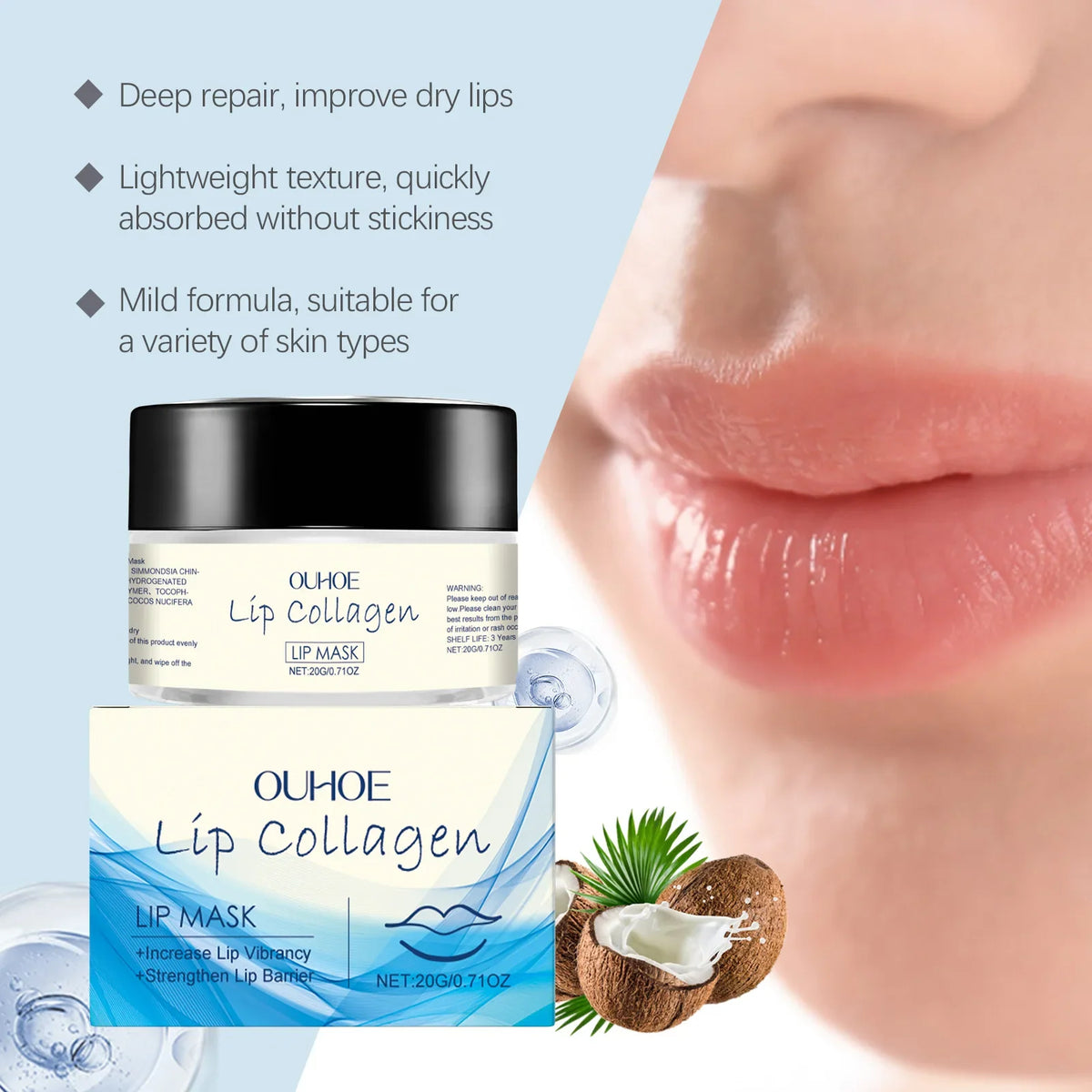 Blushimmer collagen lip mask showing a soothing, moisturizing lip treatment designed to improve dryness and reduce fine lines.