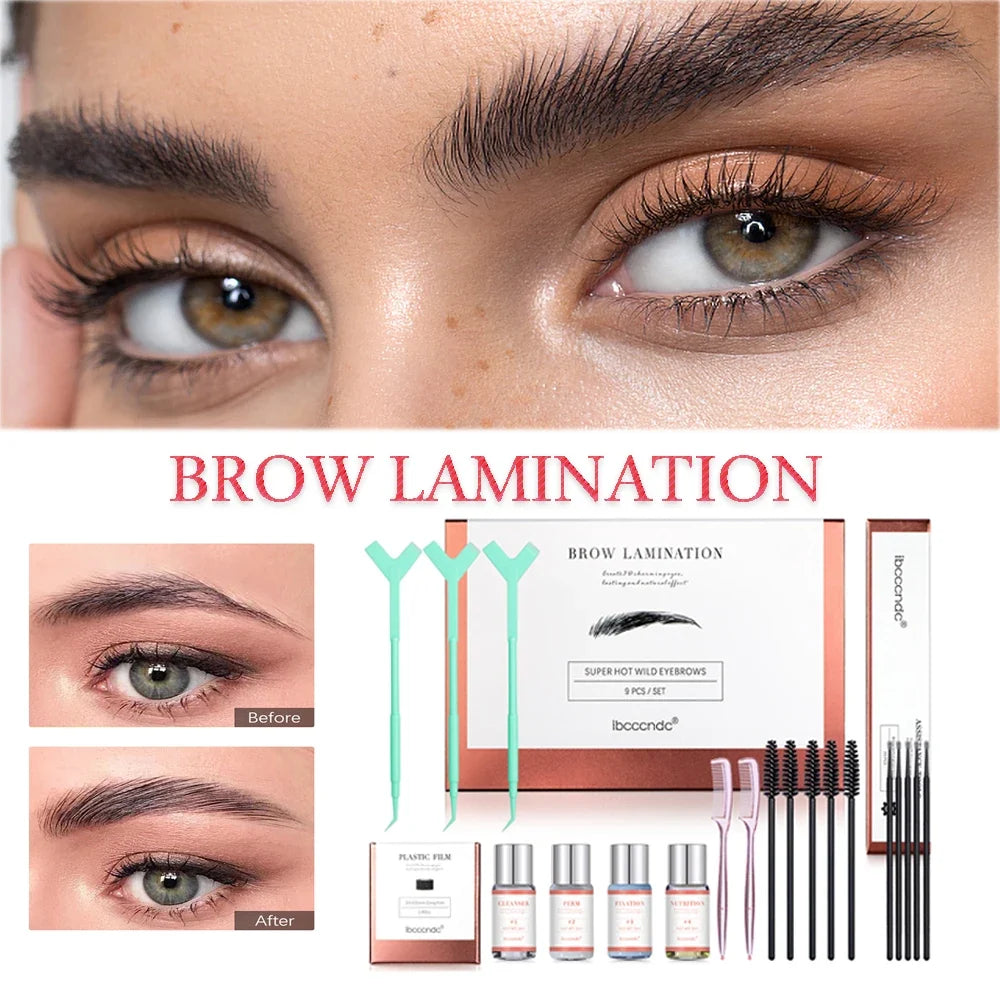 Blushimmer Hot Brow Lift Perming Kit with keratin lotion, cling film, and tools for eyebrow lifting and lamination at home.