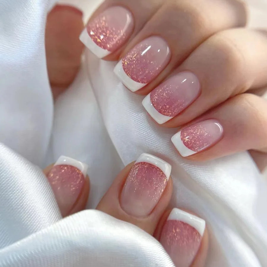 Set of 24 Blushimmer square head fake nails with pink-white gradient and French press design, short full cover false nail tips.