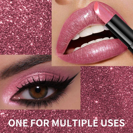 Blushimmer metallic shimmer lipstick with pearly glitter shine, creamy texture, and high color payoff for smooth party makeup application.