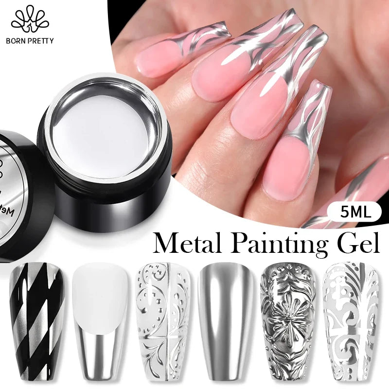 Blushimmer Born Pretty metallic silver gel polish in 5ml bottle with mirror finish, ideal for nail art and soak-off gel nails.