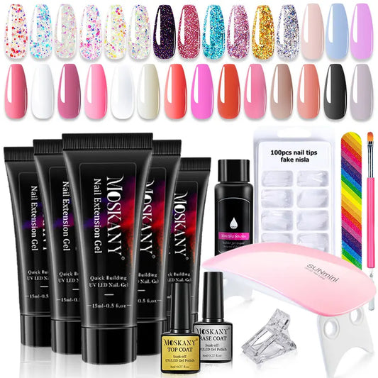 Blushimmer poly nail gel full set with 6W LED lamp, nail tips, 3D design tools, and manicure extension kit for beginners