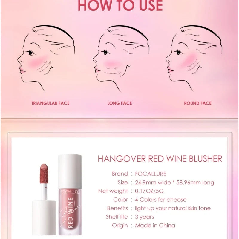 Blushimmer FOCALLURE liquid blusher with four natural shades, long-lasting matte finish, featuring a hangover red wine hue.