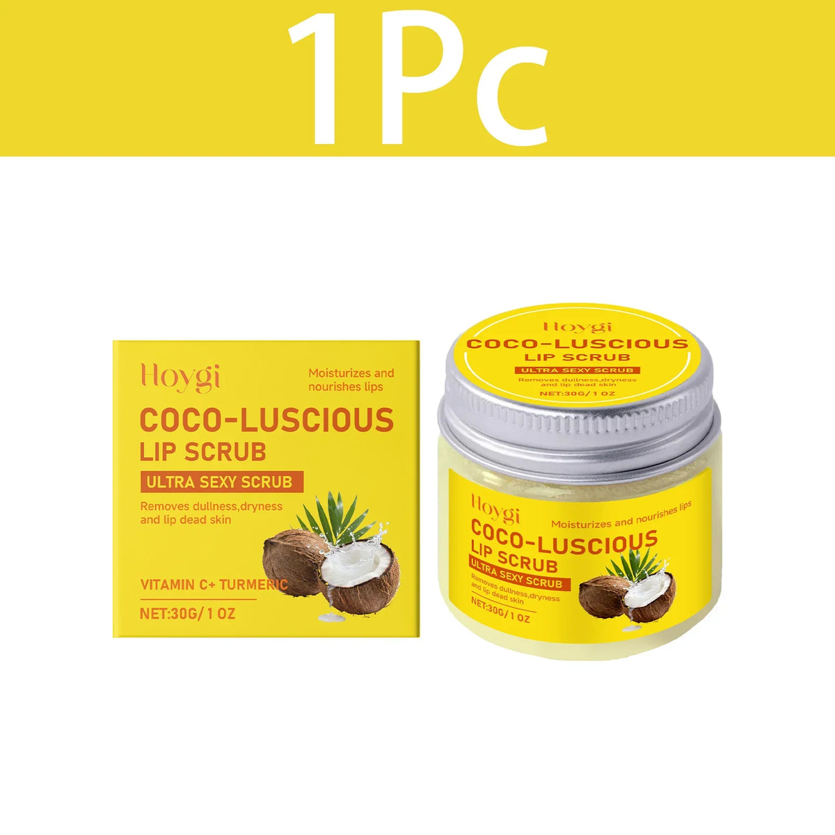 Blushimmer HOYGI turmeric lip scrub and balm with coconut oil, exfoliating and moisturizing dry lips for softness and repair.