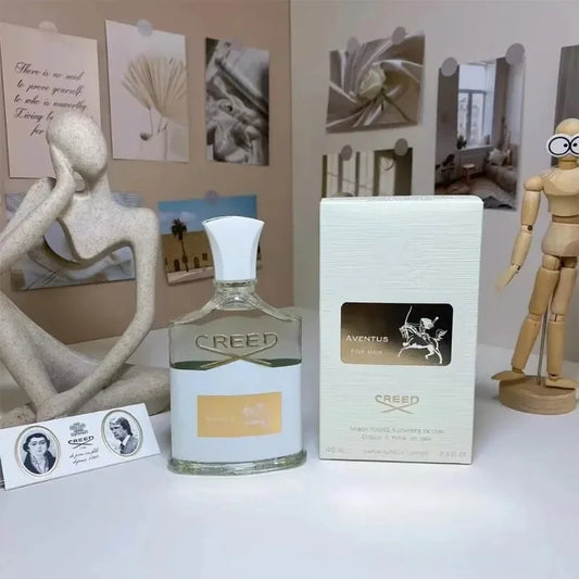 Blushimmer Creed Aventus Eau de Parfum and Water Santal perfume bottles, green Irish Tweed spray, elegant packaging, unisex fragrances