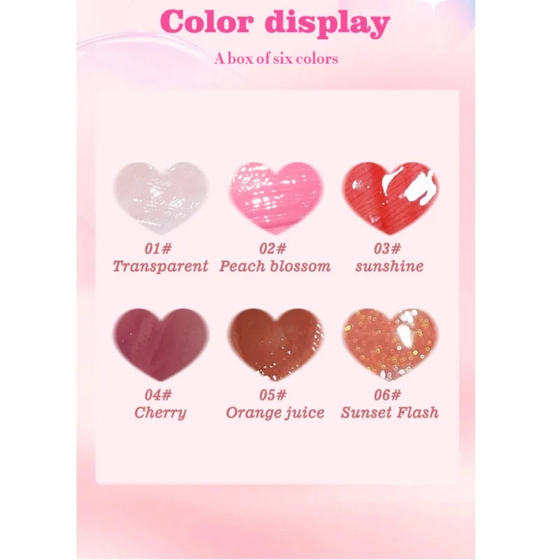Set of 6 Blushimmer glass mirror lip glosses in peach, cherry pink, and sheer shades with hydrating, glossy, shimmering finish.