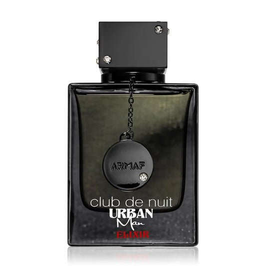 Armaf Club De Nuit Urban Man Elixir men's perfume spray in 3.6oz bottle, elegant fragrance bottle with black and silver design