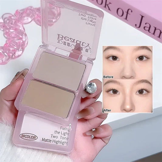 Blushimmer two-tone contour palette with matte white highlighter, grey brown nose shadow, face bronzer, and brightening powder.