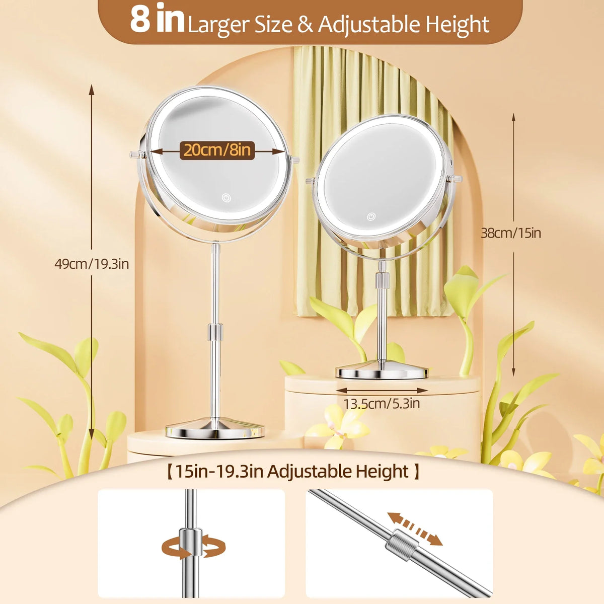 Blushimmer 8-inch makeup mirror with light lamp, 10x magnification, adjustable brightness, three color lights, and height stand.