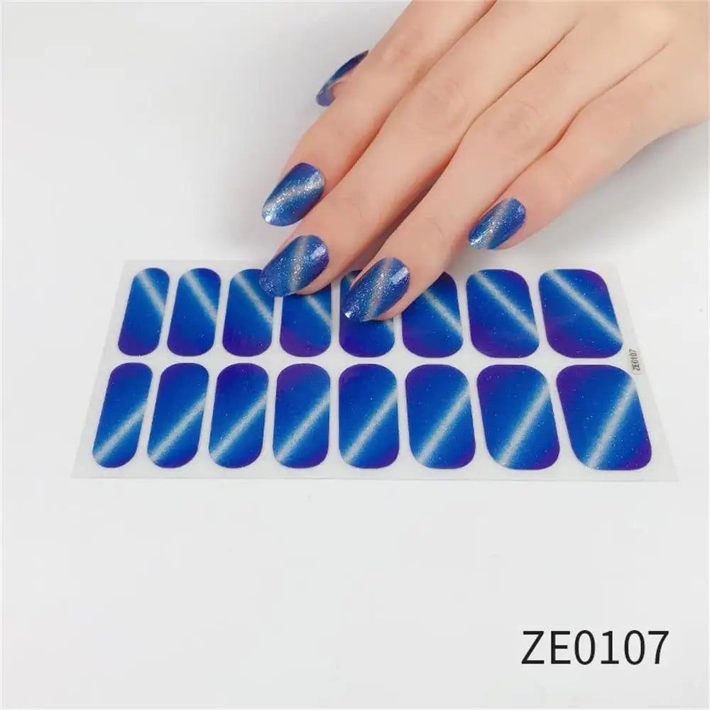 Set of 16 Blushimmer gradient cat eye style nail art stickers with waterproof glitter, self-adhesive false nail decals.