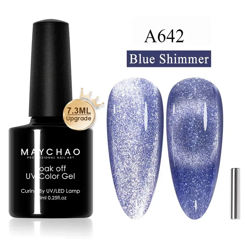 Blushimmer MAYCHAORomantic Galaxy cat eye gel nail polish with holographic rainbow effect and magnetic finish, soak-off UV gel for manicure.
