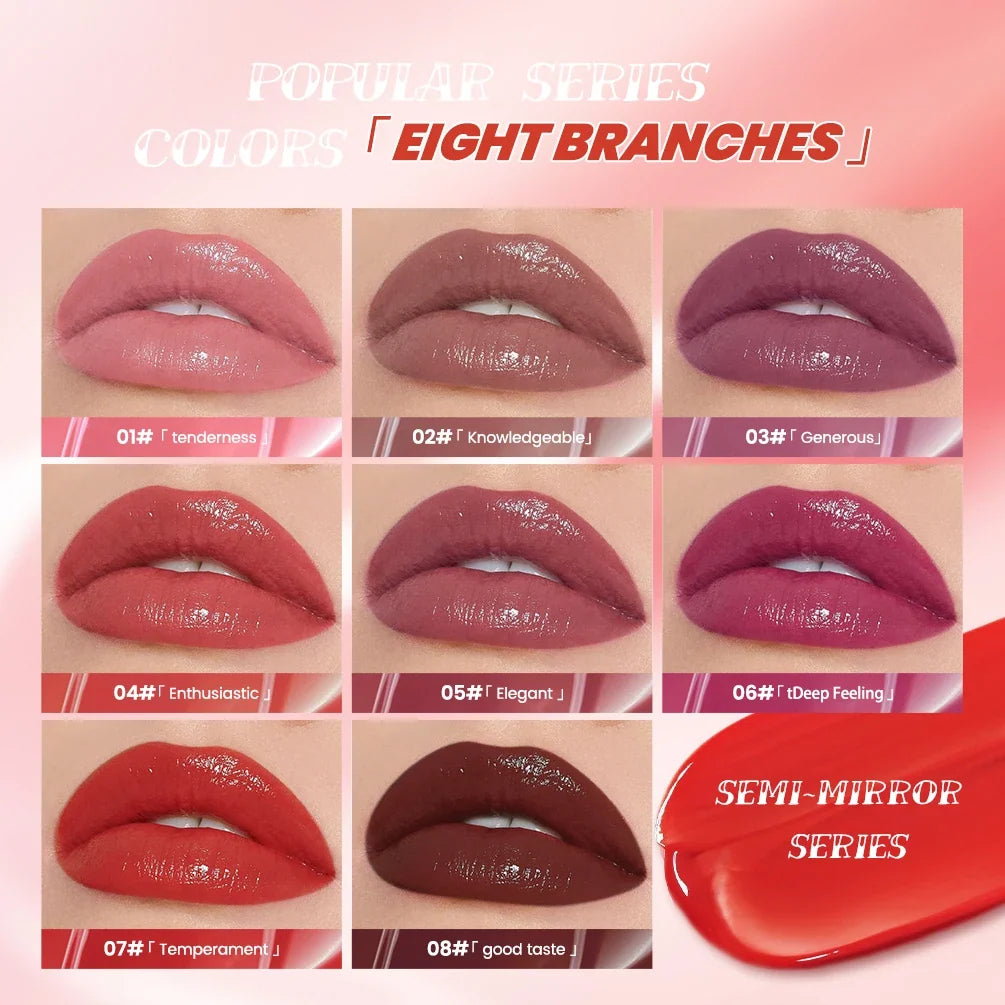 Blushimmer QIBEST 8-color watery lip gloss set with waterproof, long-lasting moisturizing liquid lipsticks in mirror finish shades.