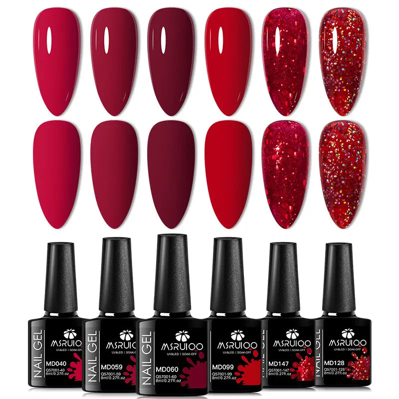 Blushimmer 6-piece nail gel polish set with vibrant, semi-permanent UV gels for all-season manicure and nail art design.