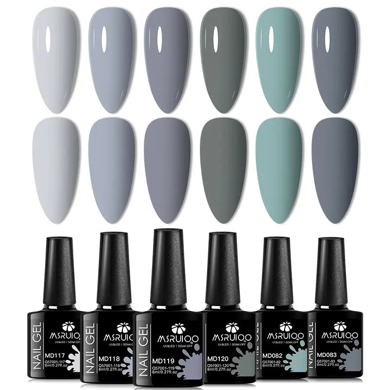 Blushimmer 6-piece nail gel polish set with vibrant all-season semi-permanent UV gel for DIY or salon manicures, shown in various shades.