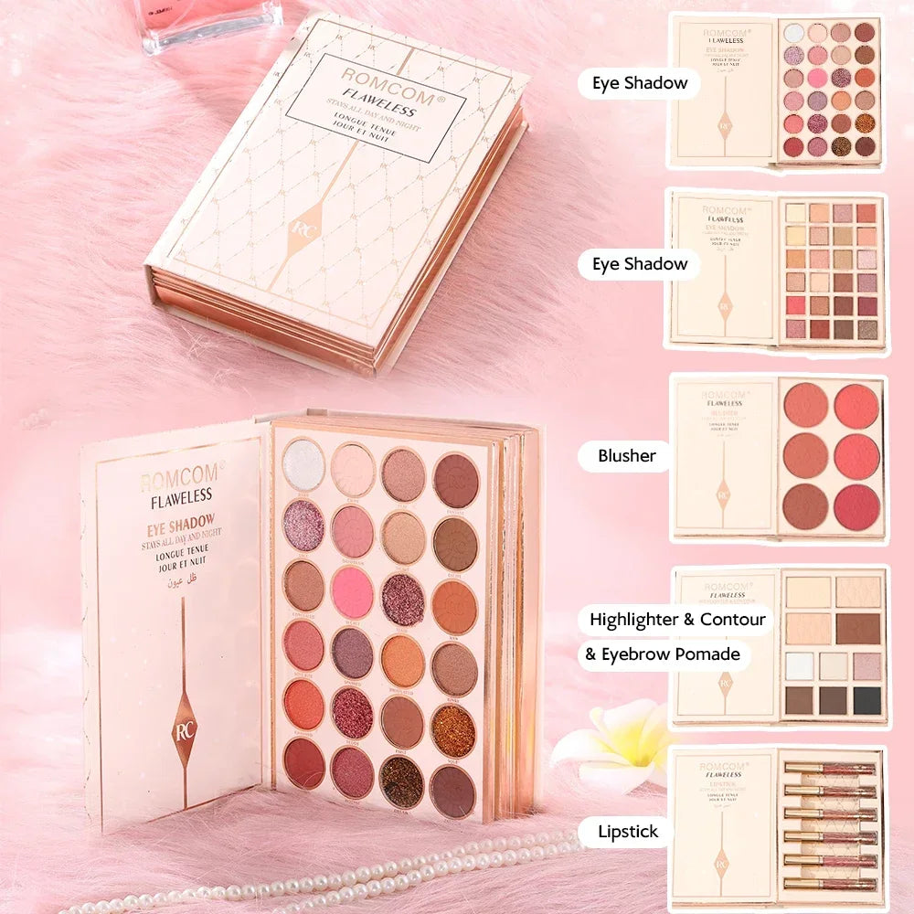 Blushimmer Makeup Magic Book with eyeshadow, lip gloss, blush, and highlighter, ideal gift for women during holiday parties.