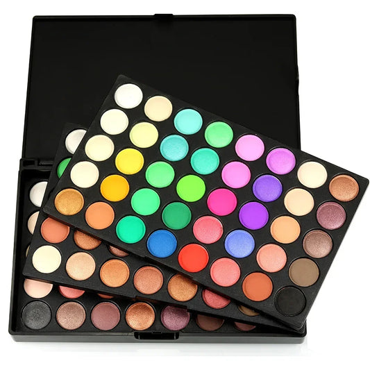 Blushimmer 120-color eyeshadow palette with pearlescent and matte shades, includes blush, contour, and eyebrow powders for professional makeup.